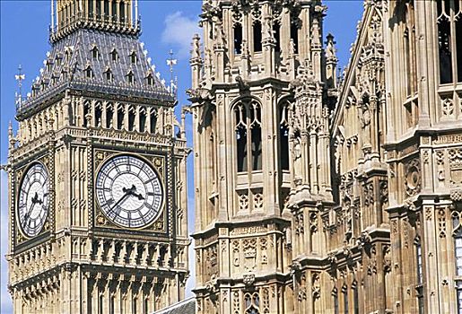 仰视,钟楼,政府建筑,大本钟,威斯敏斯特,伦敦,英格兰