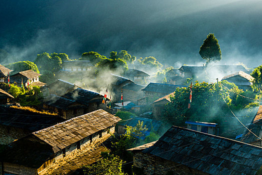 风景,乡村,晨光,烟,室外,房子,地区,尼泊尔,亚洲