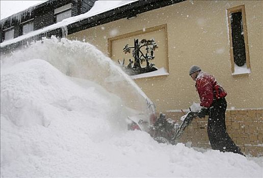 男人,雪,公寓,自动,吹雪机,矿,山峦,萨克森,德国