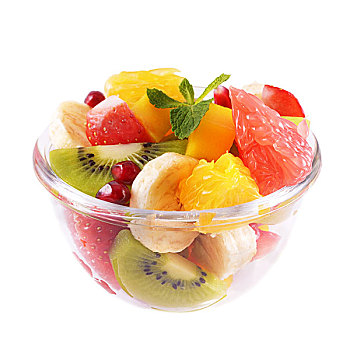 健康,水果沙拉,玻璃碗,上方,白色背景