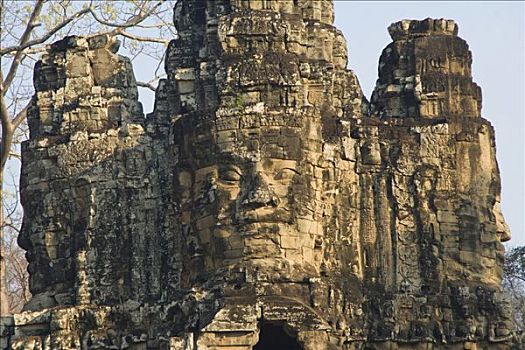 巨大,脸,雕刻,石头,高处,南方,入口,吴哥窟,世界遗产,收获,柬埔寨,东南亚
