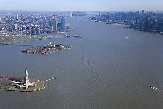 自由女神像,自由岛,纽约,港口,哈得逊河,航拍,太阳,阳光,美国