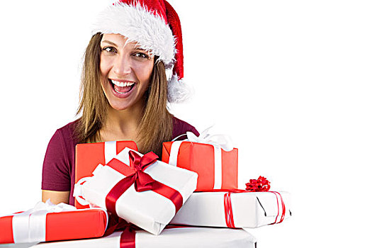 微笑,黑发,圣诞帽,拿着,堆,礼物
