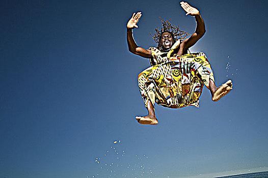 夏威夷,考艾岛,海滩,非洲,舞者,跳跃,空中