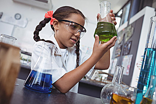 小学生,检查,绿色,化学品,长颈瓶,实验室,书桌,科学