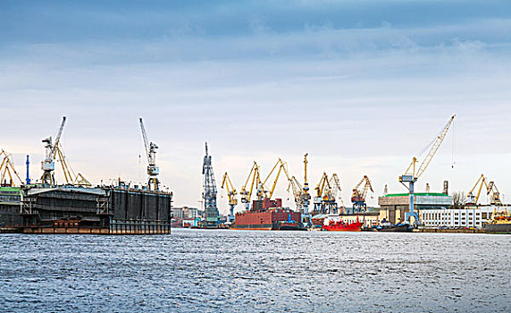 工业,全景,起重机,港口,大,涅瓦河,彼得斯堡,俄罗斯