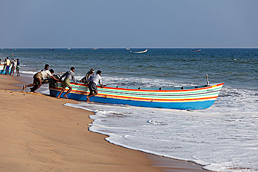 捕鱼者,推,捕鱼,船,海洋,海滩,海岸,喀拉拉,印度,亚洲