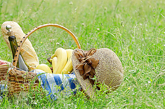 野餐篮,水果,葡萄酒,面包,草地,帽子