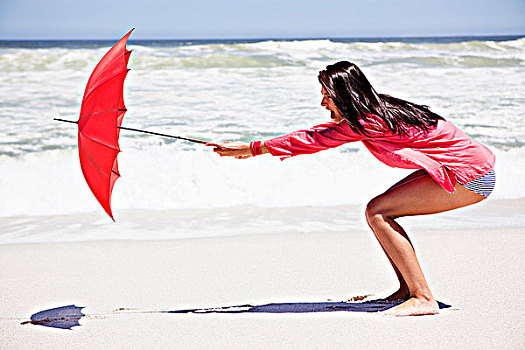女人,尝试,拿着,伞,风,海滩