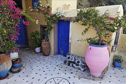 彩色,院子,房子,锡拉岛,希腊