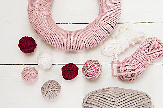 球,毛织品,花环,包装,粉色,纱线,白色背景,表面