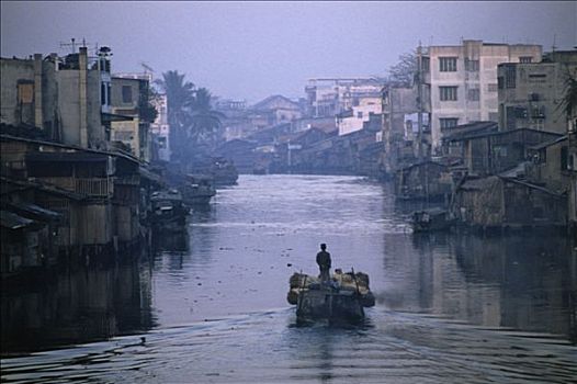 越南,胡志明市,全视图,湄公河,早晨,船,房子,河