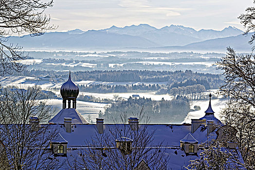 早晨,气氛,冬天,风景,上方,城堡,上巴伐利亚,巴伐利亚,德国,欧洲