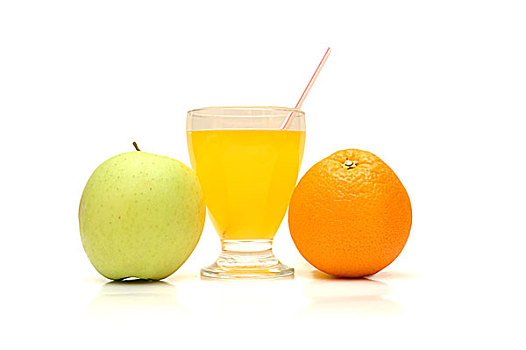 苹果,橙子,果汁,吸管,隔绝,白色背景