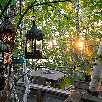 灯笼,悬挂,树枝,远眺,平台,湖,木头,安大略省,加拿大