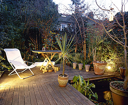 现代,后院,平台,亮光,户外家具,盆栽