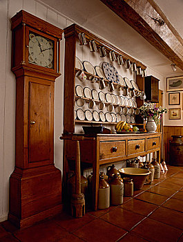 砖地,木质,自助餐,展示,架子,收集,瓷器,老式,爷爷,钟表