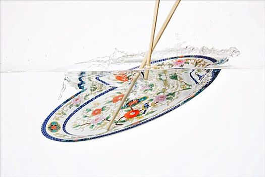 中国,盘子,筷子,落下,水
