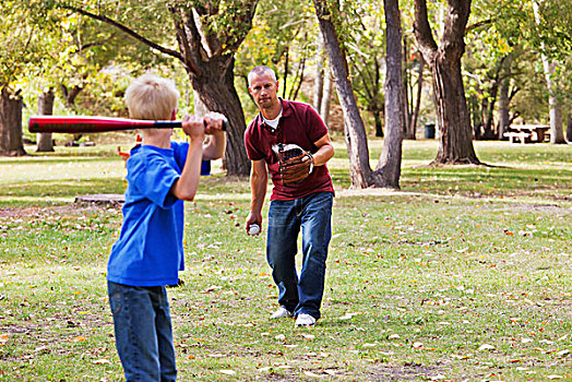 父子,玩,棒球,公园,艾伯塔省,加拿大