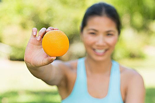 健康,女人,拿着,橙色,公园