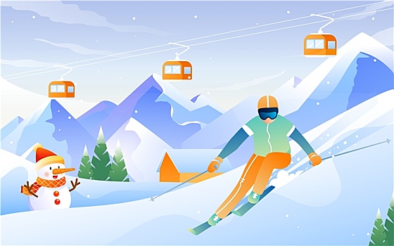 冬季滑雪运动户外出行旅游景点活动矢量插画