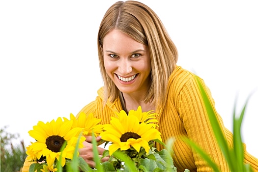 园艺,女人,微笑,头像,向日葵