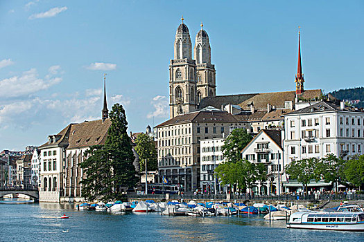 风景,林马特河,河,码头,罗马式大教堂,教堂,苏黎世,瑞士,欧洲
