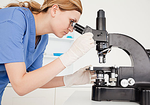 女性,科学家,实验,看穿,显微镜