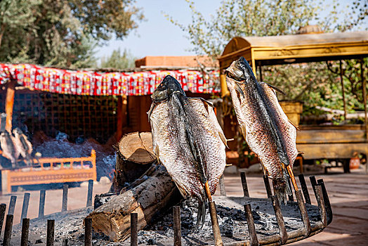 新疆泽普金胡杨国家森林园区长寿民俗文化村原生态烤鱼