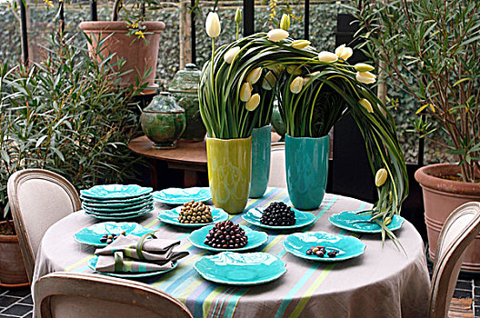 白色,郁金香,花瓶,青绿色,瓷器,桌子