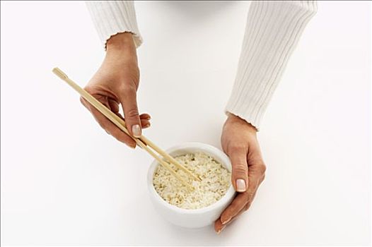 手,拿着,筷子,碗,米饭