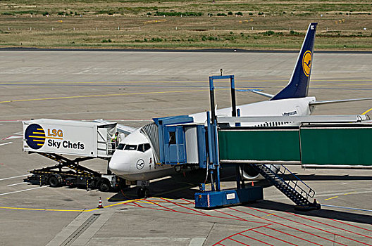 汉莎航空公司,容器,舷侧门,飞机,围裙,机场,北莱茵威斯特伐利亚,德国,欧洲