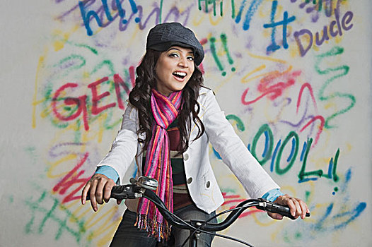 女人,肖像,骑自行车,正面,涂鸦,遮盖,墙壁