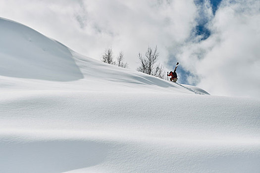 男性,滑雪,向上,积雪,山,隆河阿尔卑斯山省,法国