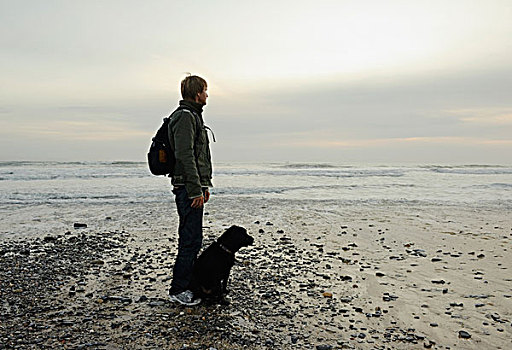 安达卢西亚,西班牙,一个,男人,海滩,黑色拉布拉多犬,狗,哥斯达黎加