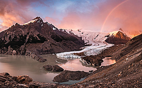 彩虹,生动,粉红天空,上方,冰河,泻湖,洛斯格拉希亚雷斯国家公园,巴塔哥尼亚,阿根廷