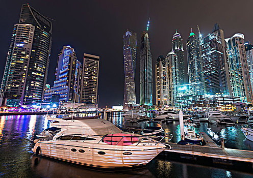 游艇,正面,摩天大楼,夜晚,照片,迪拜,码头,阿联酋,亚洲