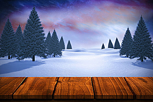 合成效果,图像,木桌子,雪景,冷杉