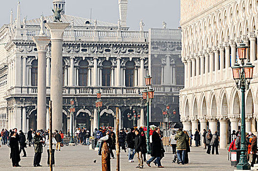 国家图书馆,柱子,圣马科,狮子,圣马克,宫殿,公爵宫,圣马可广场,广场,威尼斯,威尼托,意大利,欧洲