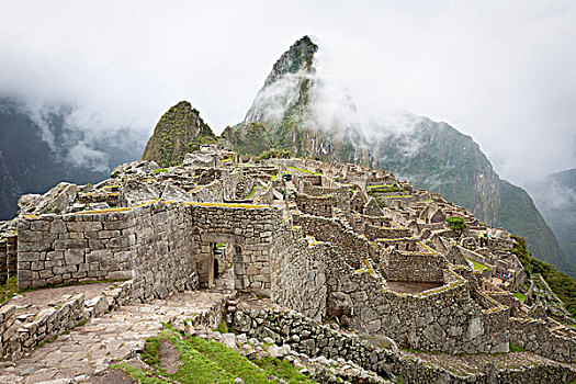 大门,复杂,山,早,早晨,雾,马丘比丘,世界遗产,秘鲁,南美