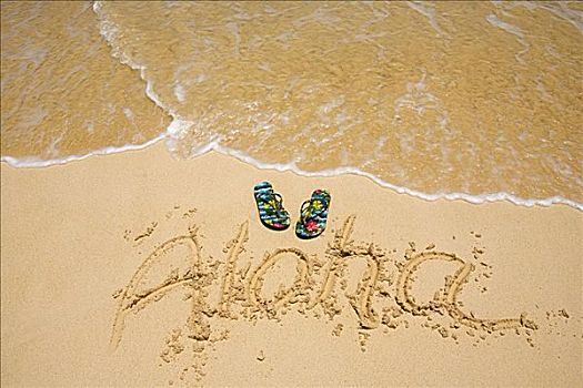 一对,夏威夷,风格,人字拖鞋,沙子,靠近,海洋,洗,书写