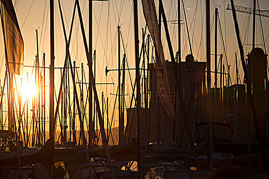 帆船,桅杆,日落,马赛,法国