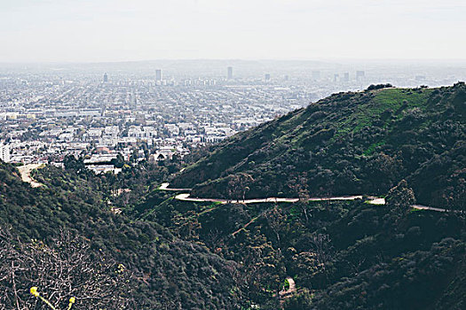 俯视图,山,弯路,远景,城市,洛杉矶,加利福尼亚,美国