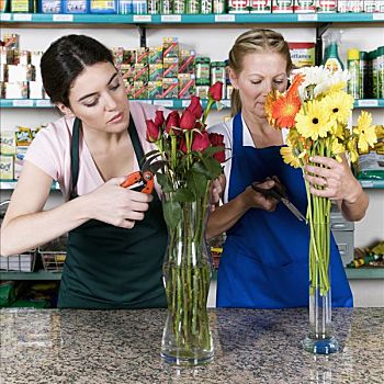 两个,女性,花商,花,花瓶