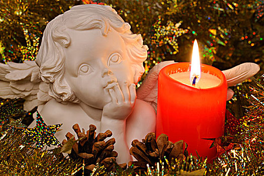 天使,小雕像,旁侧,燃烧,蜡烛,圣诞装饰