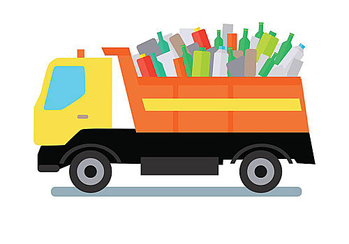 垃圾车,垃圾,塑料制品,玻璃,黄色,橙色,交通工具,再循环,概念,货运卡车,矢量,插画,风格