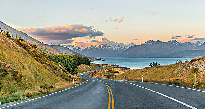 道路,风景,库克山,日落,普卡基湖,库克山国家公园,南阿尔卑斯山,坎特伯雷,南岛,新西兰,大洋洲