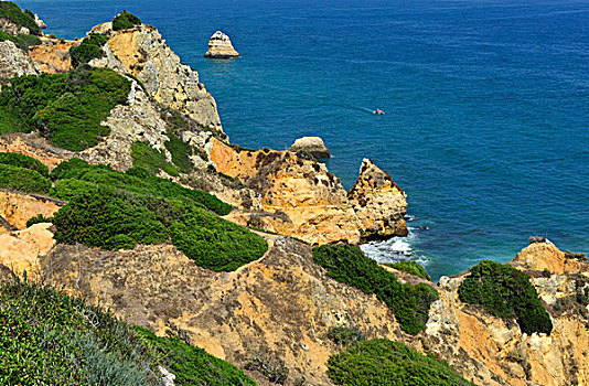 晴朗,海滩,砂岩,悬崖,靠近,拉各斯,阿尔加维海岸,葡萄牙,南,欧洲