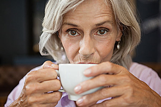 头像,老年,女人,喝咖啡,坐,咖啡