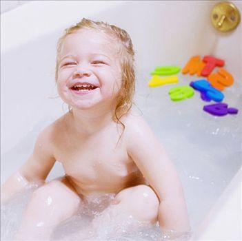 女婴,笑,浴缸